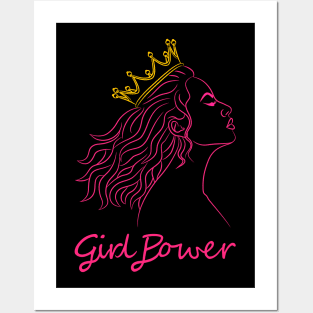 Beautiful girl with curly hair and a golden crown with the text saying "Girl Power" Posters and Art